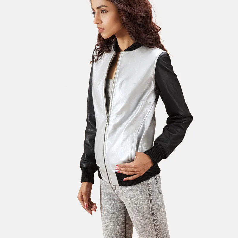Cole Silver Leather Bomber Jacket