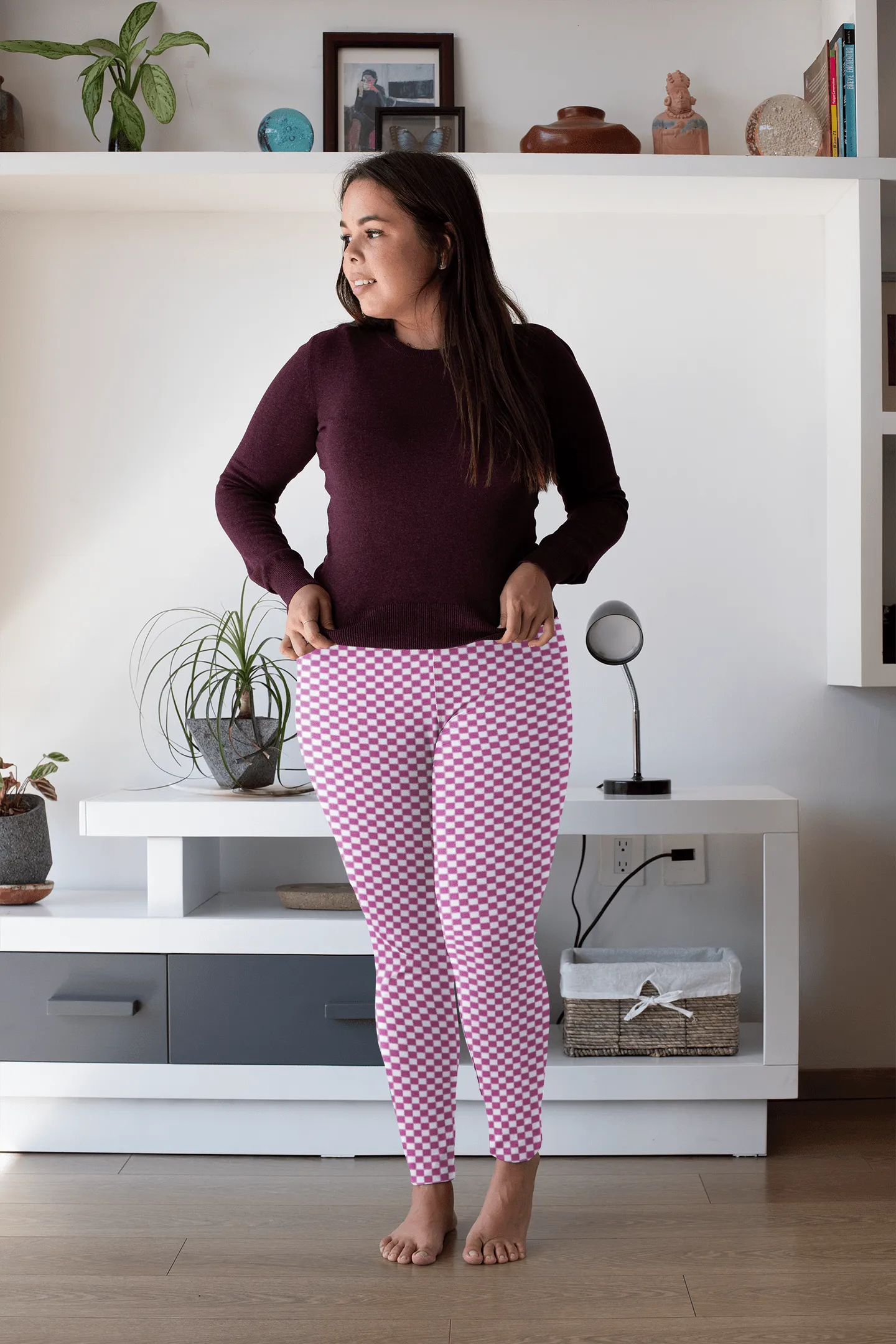 FYD size inclusive Leggings with pockets in blue & white check print also in pink