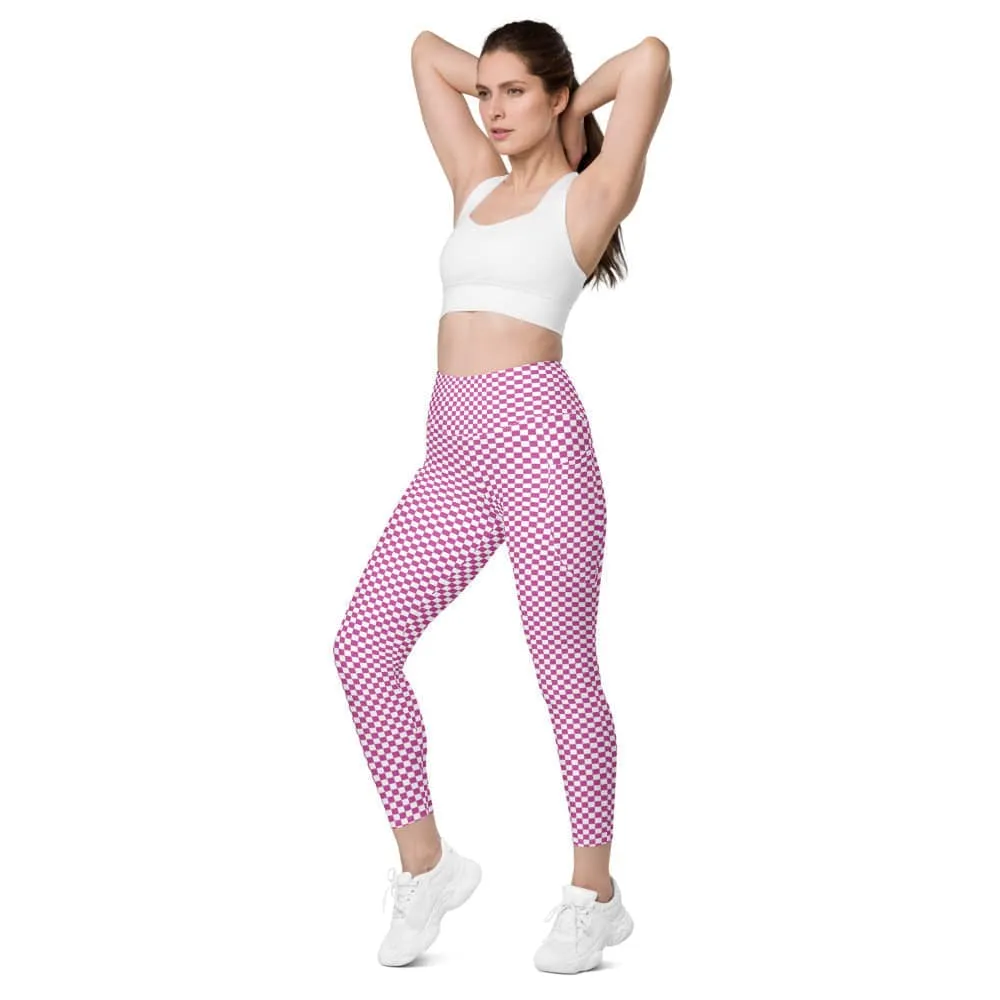 FYD size inclusive Leggings with pockets in blue & white check print also in pink