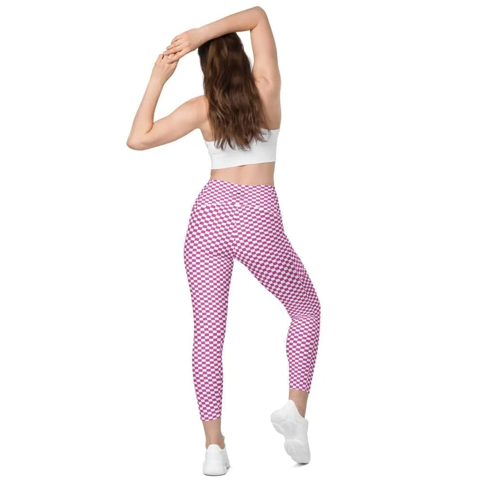 FYD size inclusive Leggings with pockets in blue & white check print also in pink