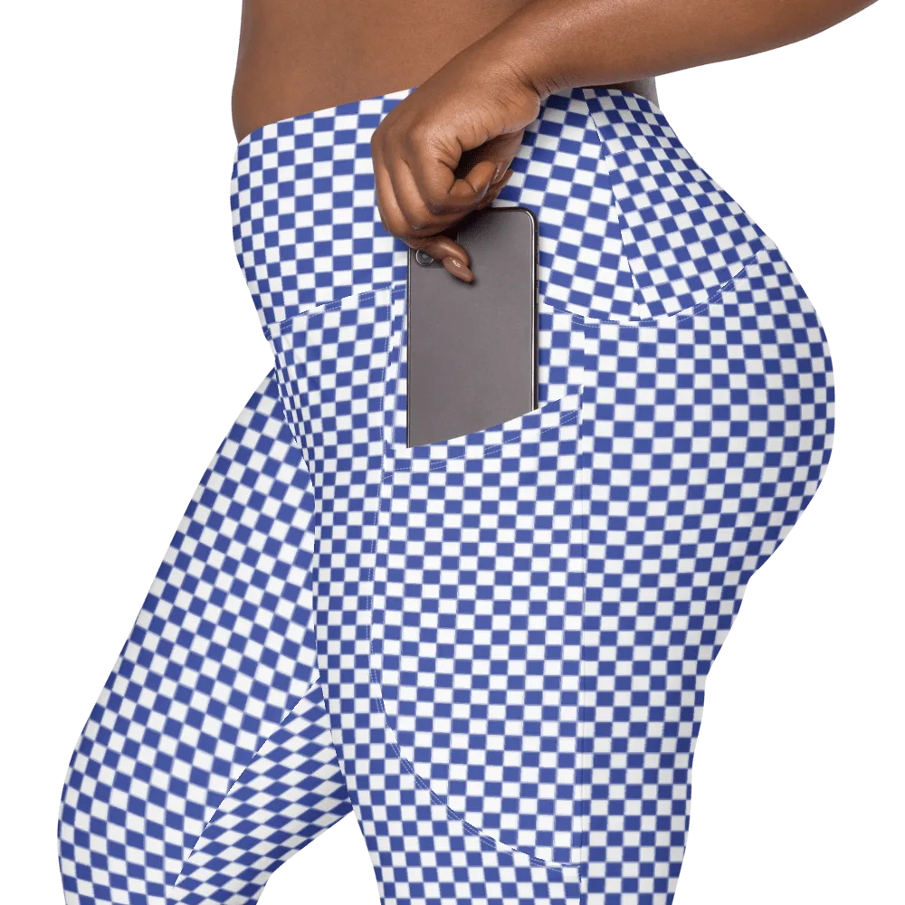 FYD size inclusive Leggings with pockets in blue & white check print also in pink