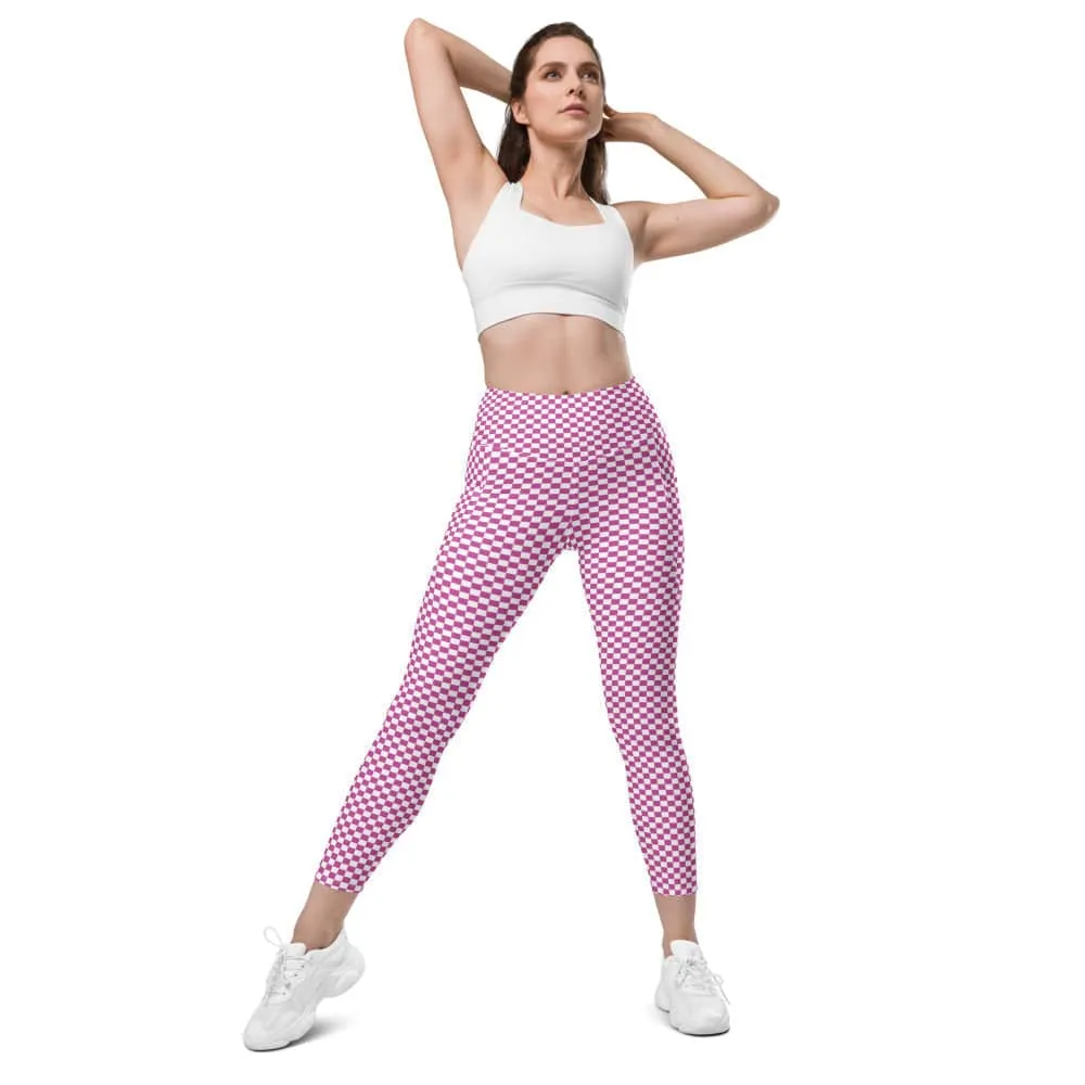 FYD size inclusive Leggings with pockets in blue & white check print also in pink