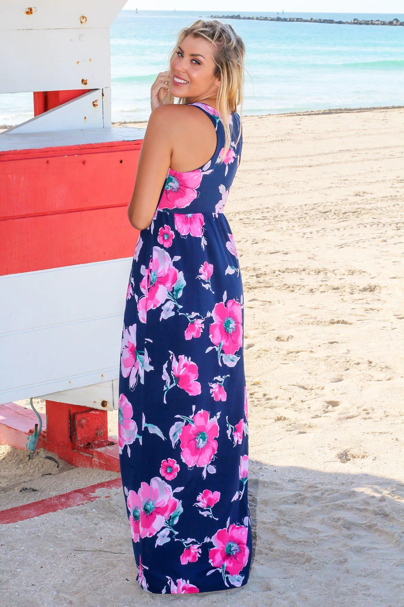 Navy and Fuchsia Floral Racerback Maxi Dress