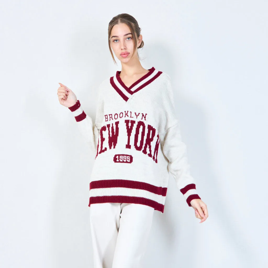 Varsity-inspired knit sweater with New York graphic wholesale