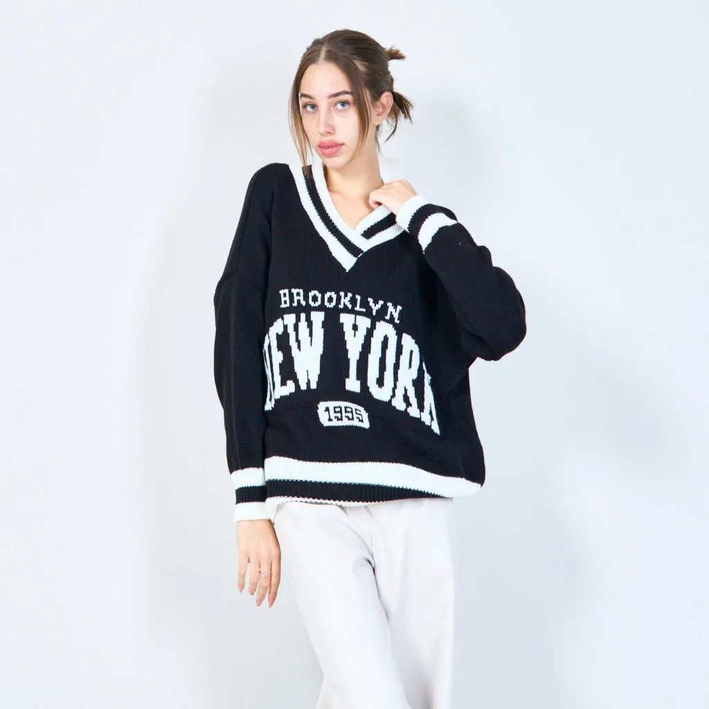 Varsity-inspired knit sweater with New York graphic wholesale