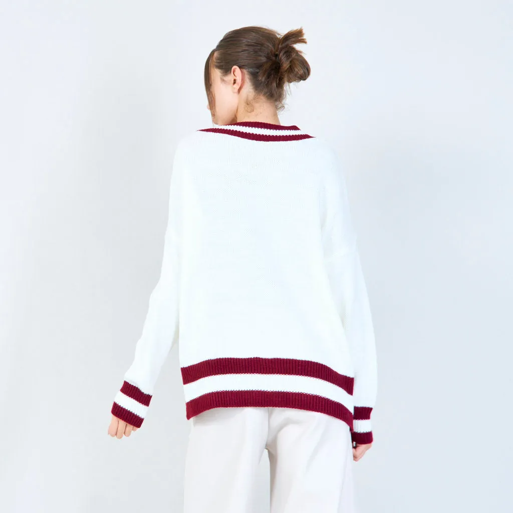 Varsity-inspired knit sweater with New York graphic wholesale