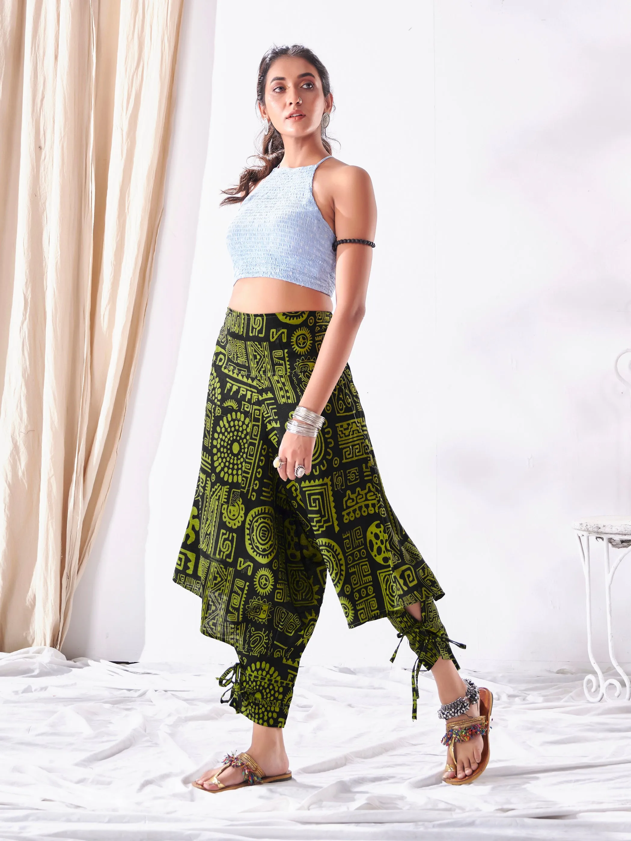 Women's Arabic Neon Green Boho Baggy Harem Track Pant