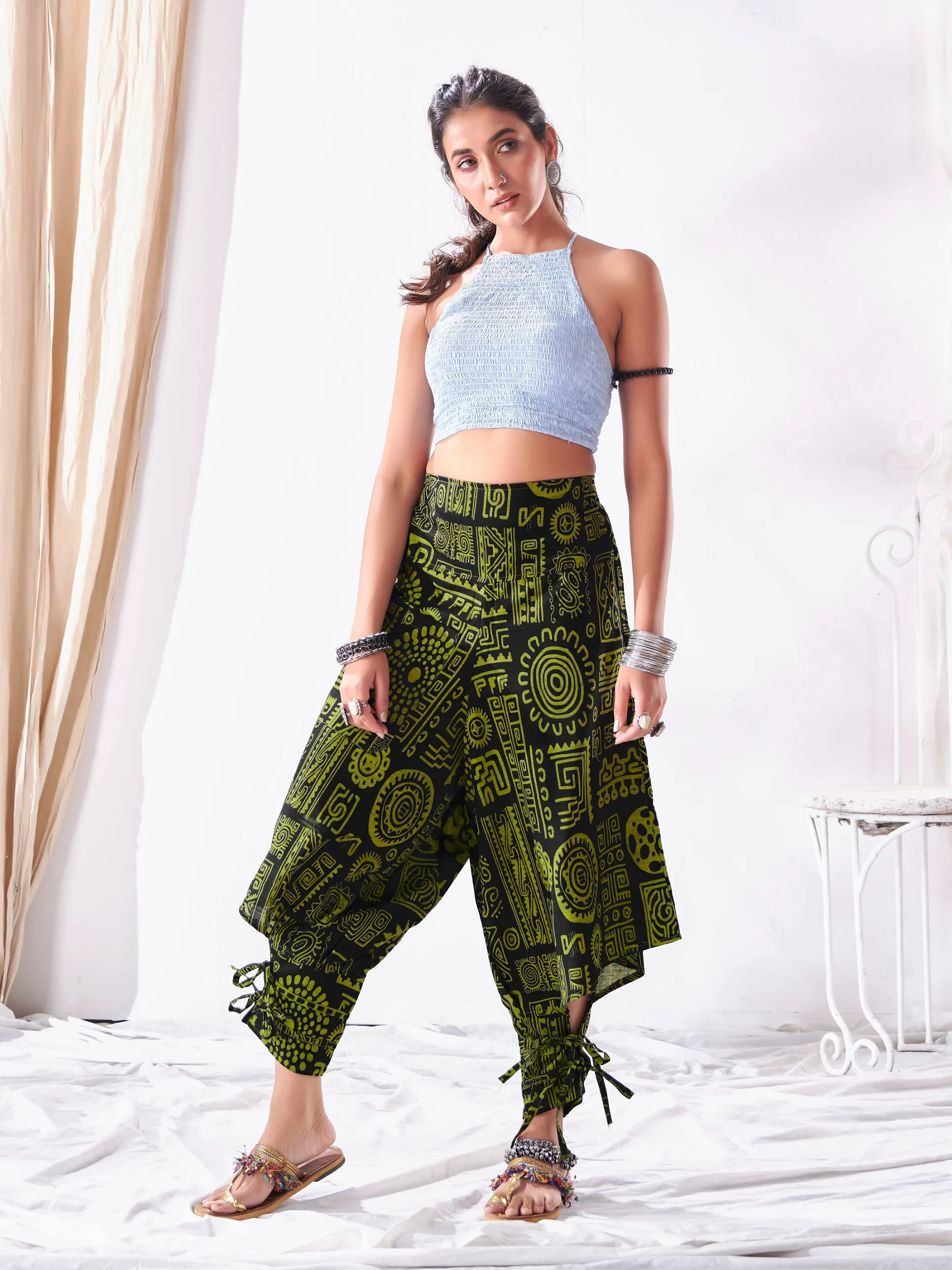 Women's Arabic Neon Green Boho Baggy Harem Track Pant