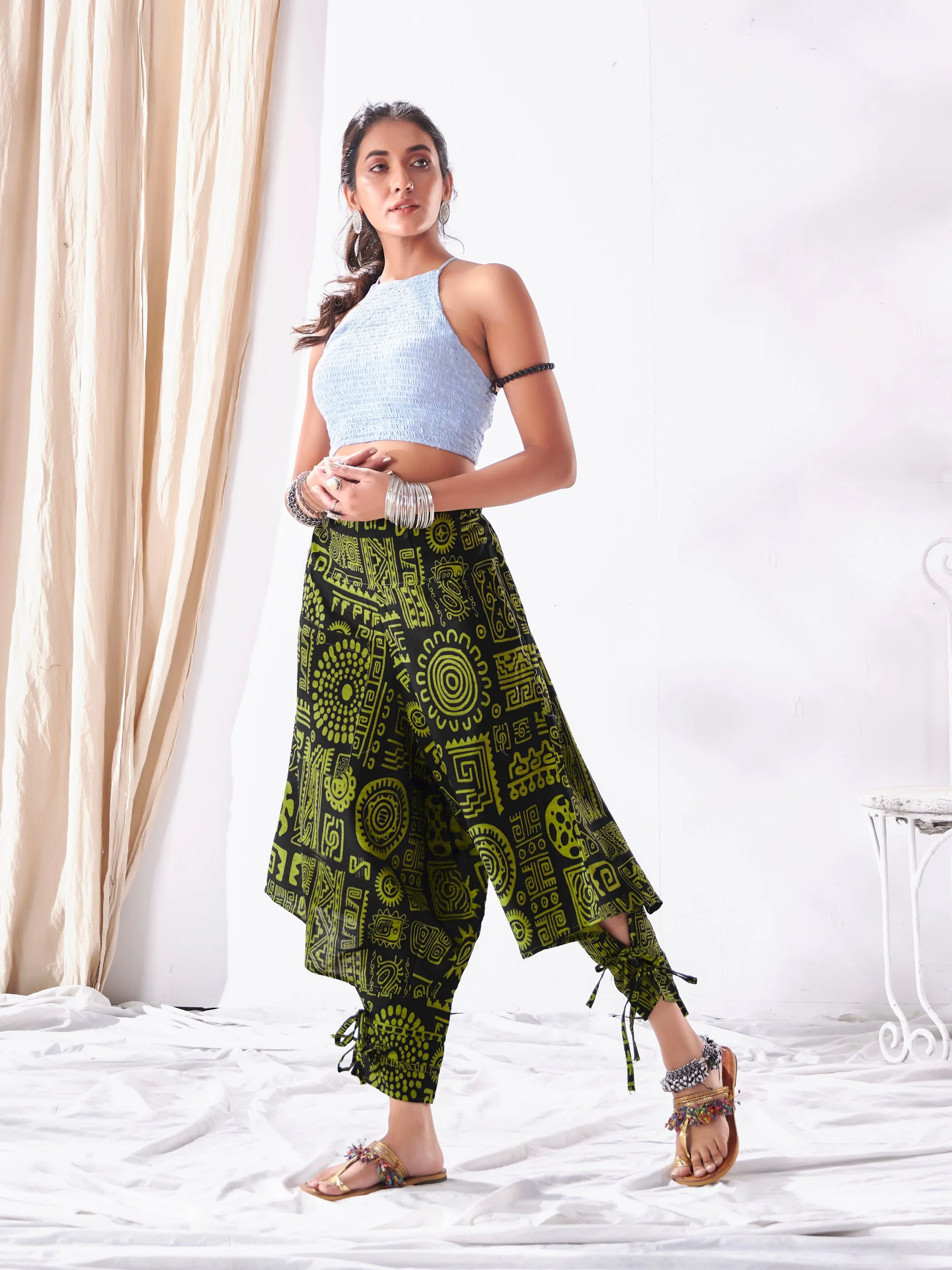 Women's Arabic Neon Green Boho Baggy Harem Track Pant