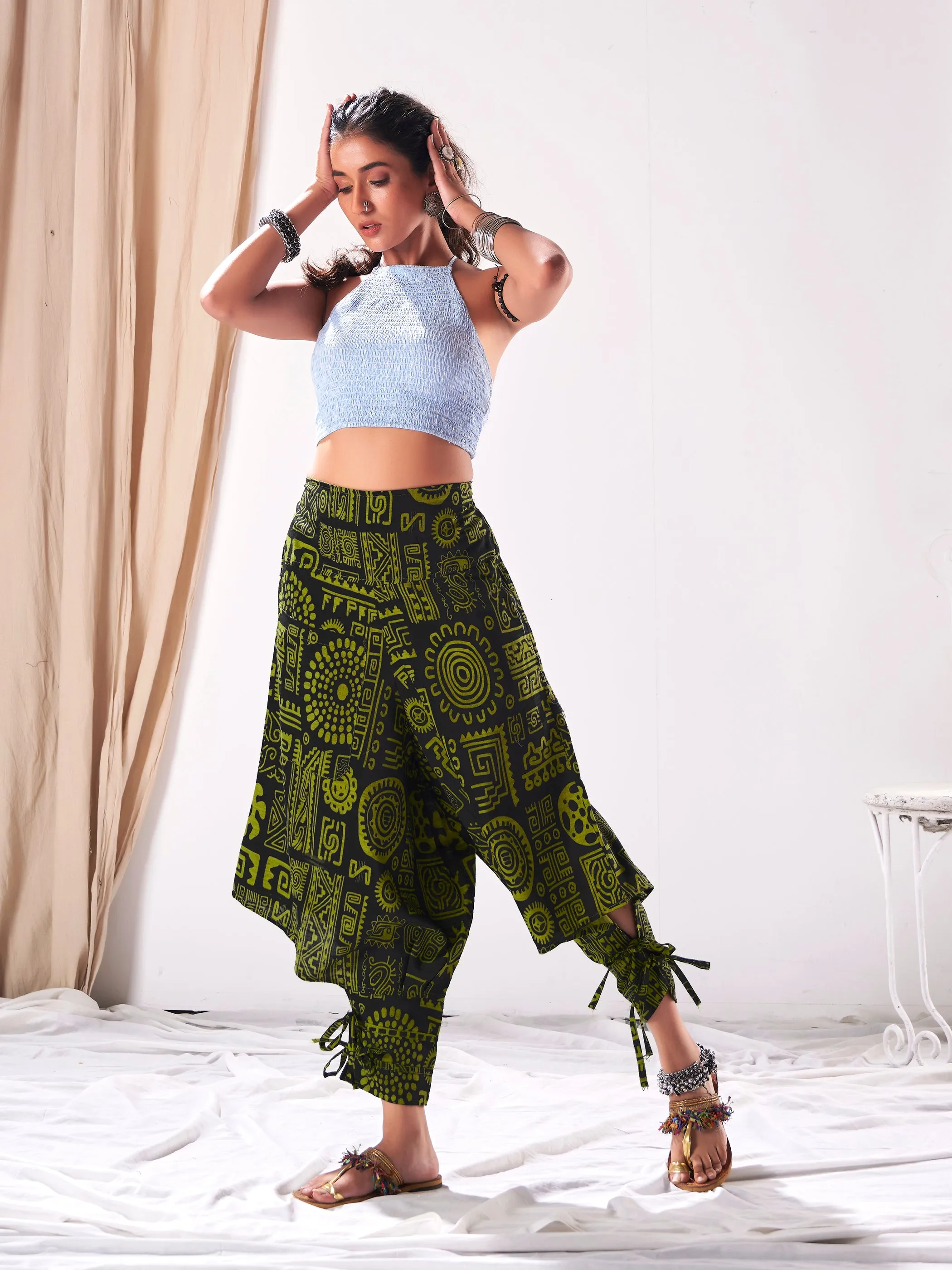 Women's Arabic Neon Green Boho Baggy Harem Track Pant
