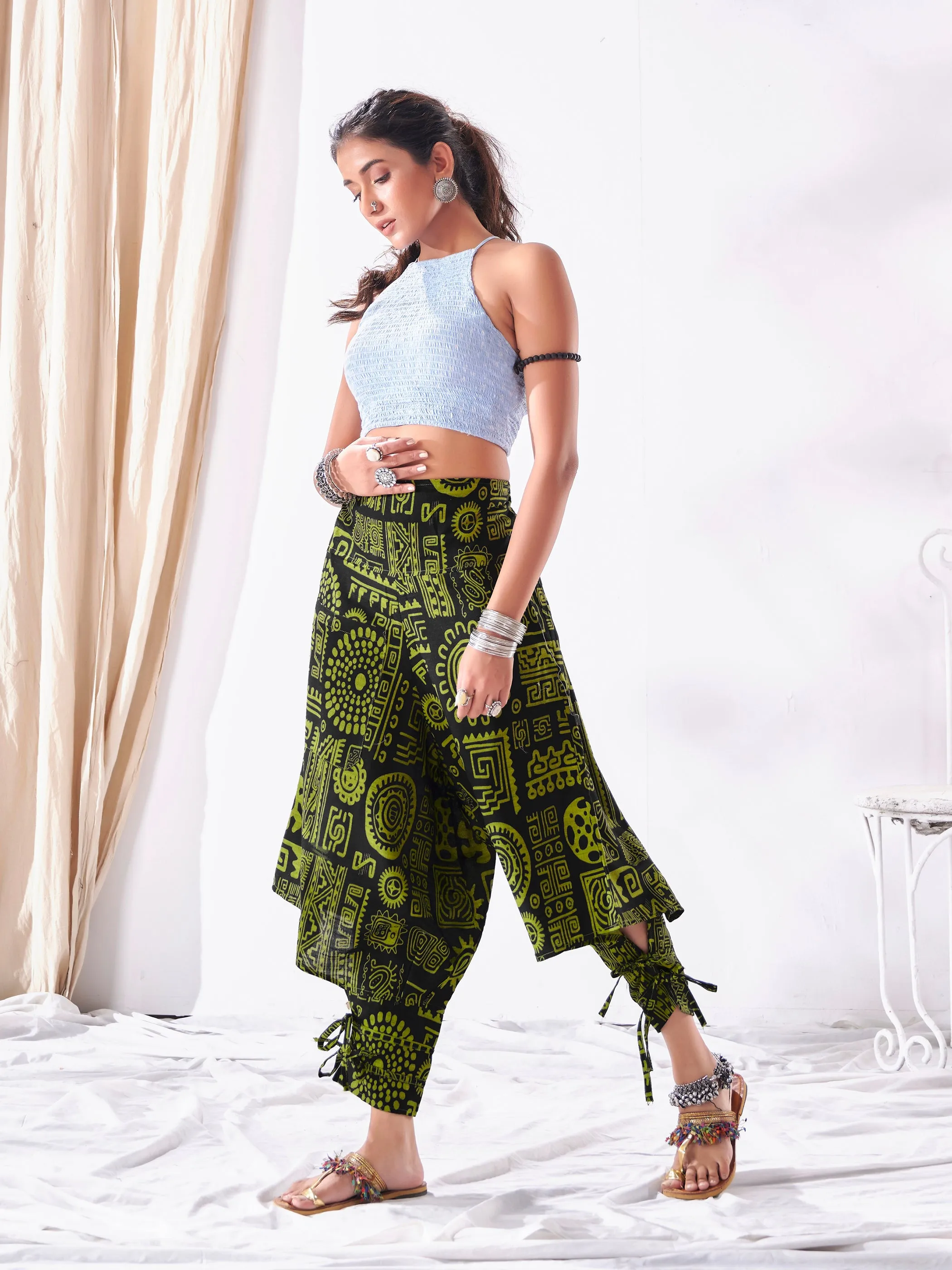 Women's Arabic Neon Green Boho Baggy Harem Track Pant